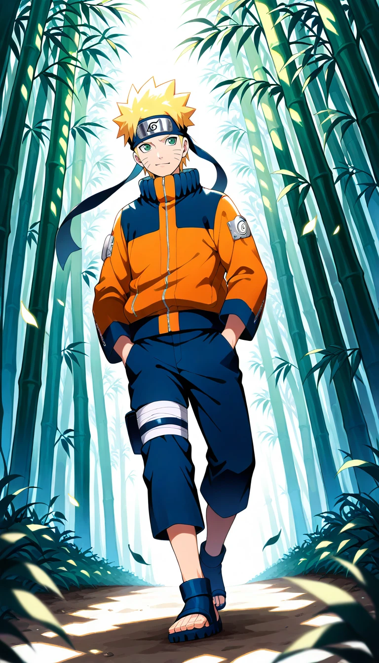 Anime wallpaper for prompt: Naruto walking through a misty bamboo forest, scattering leaves.