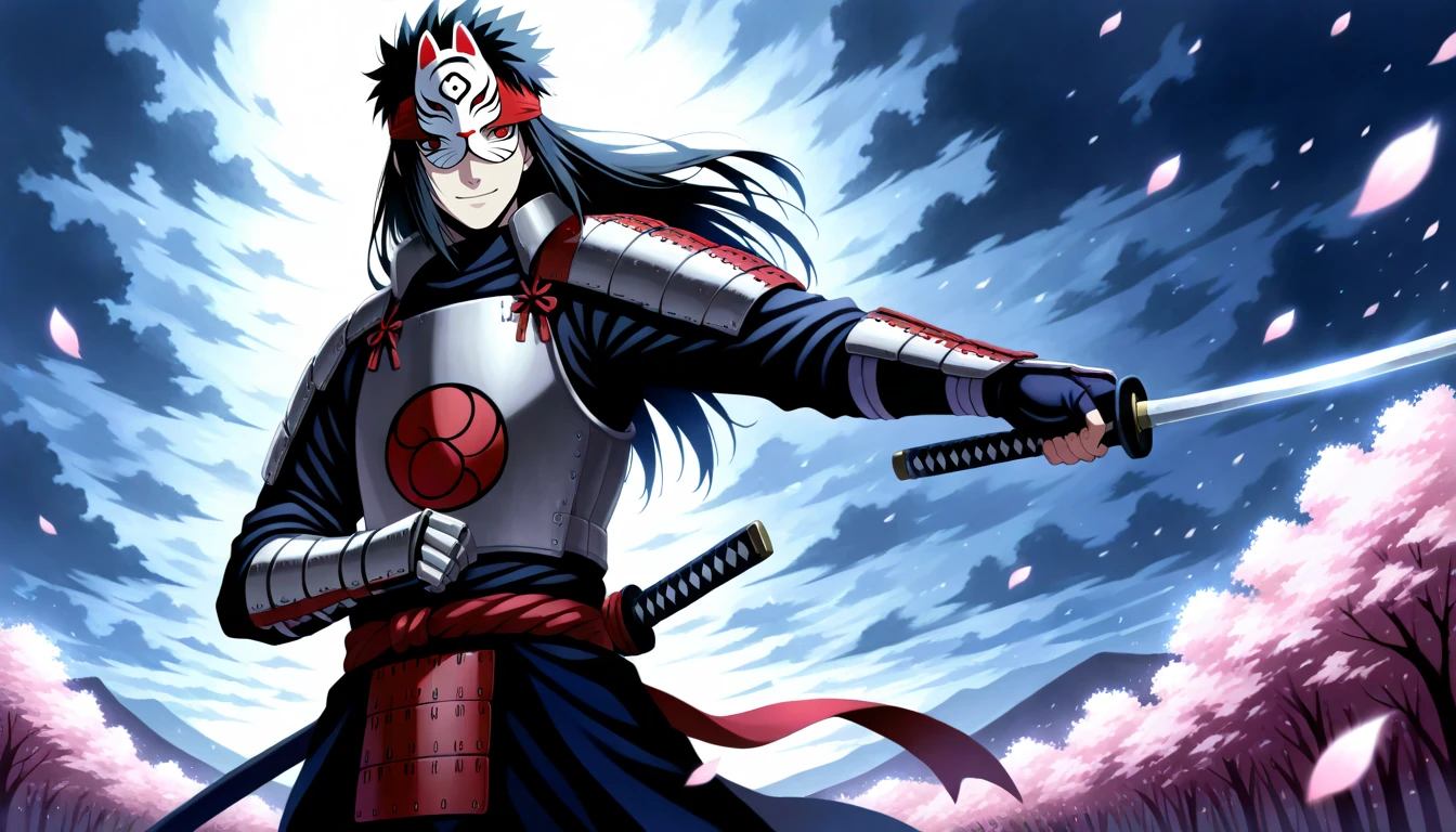 Anime wallpaper for prompt: Itachi as a samurai on a battlefield, cherry blossoms drifting.