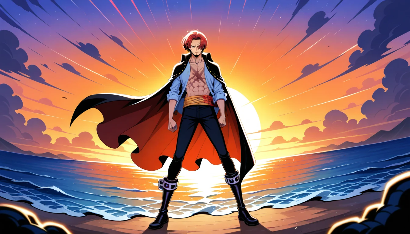 Anime wallpaper for prompt: Shanks on a rocky outcrop, silhouette framed by an orange sunset.