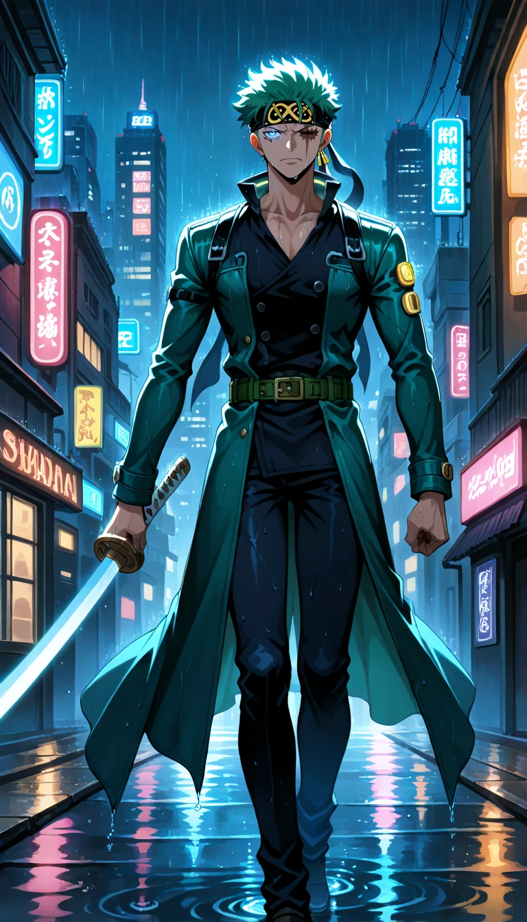 Anime wallpaper for prompt: Zoro walking through a neon-lit cyberpunk city, swords gleaming.