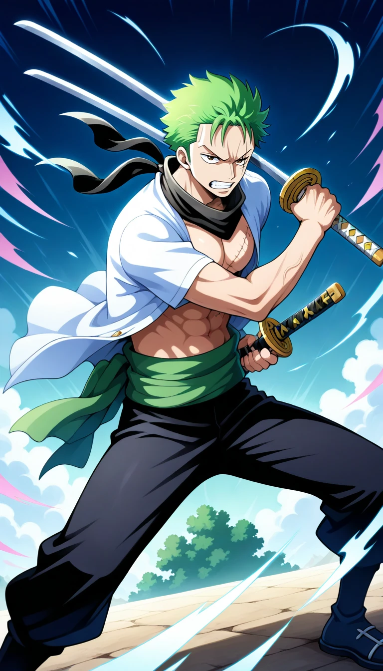 Anime wallpaper for prompt: Zoro gripping a katana with his teeth, eyes locked on an unseen enemy.