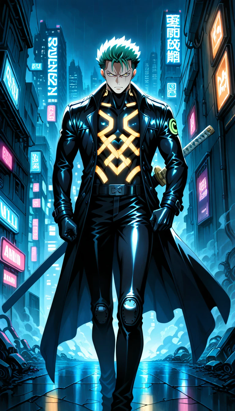 Anime wallpaper for prompt: Zoro walking through a neon-lit cyberpunk city, swords gleaming.