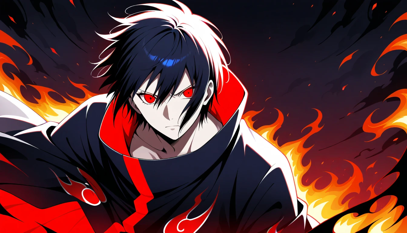 Anime wallpaper for prompt: Itachi using Amaterasu, black flames erupting from his hands.