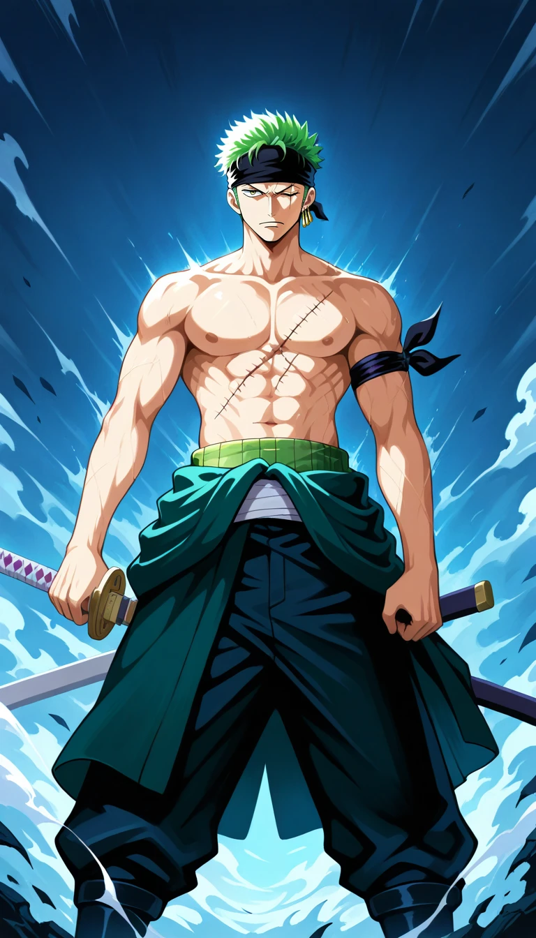 Anime wallpaper for prompt: Zoro alone in a misty valley, katana faintly glowing in the fog.