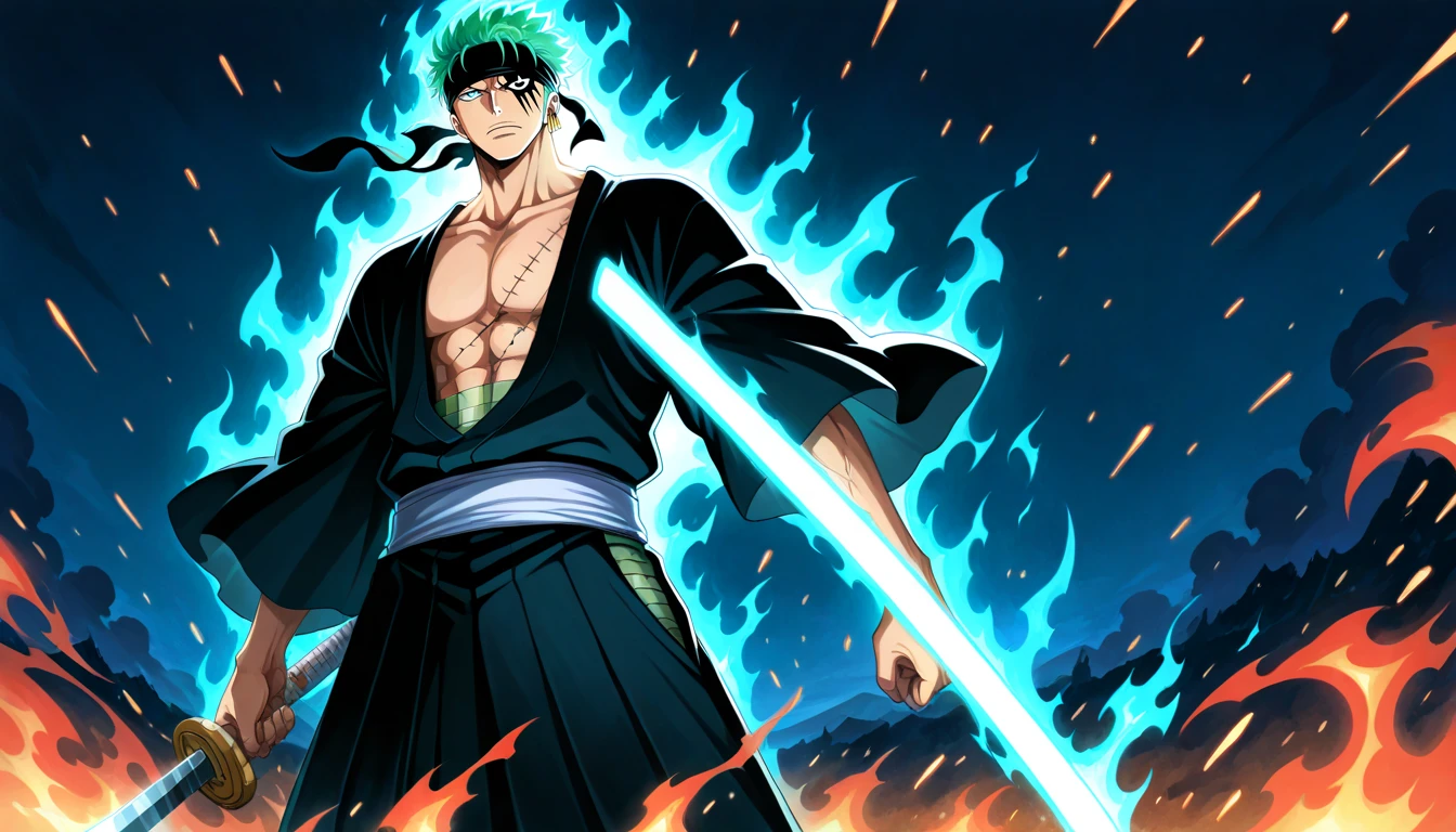 Anime wallpaper for prompt: Zoro walking through a misty battlefield, glowing embers illuminating him.