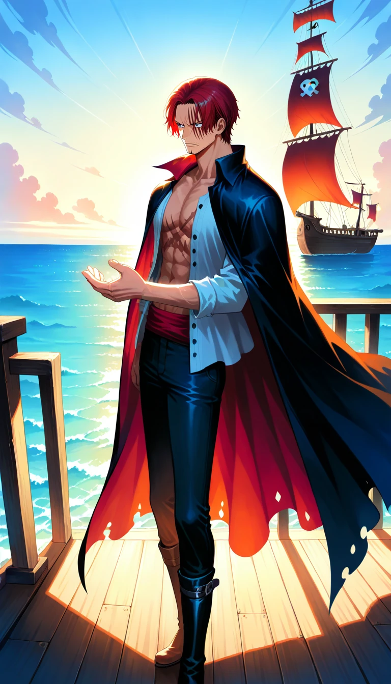 Anime wallpaper for prompt: Shanks on his ship’s deck, cloak billowing at dawn.