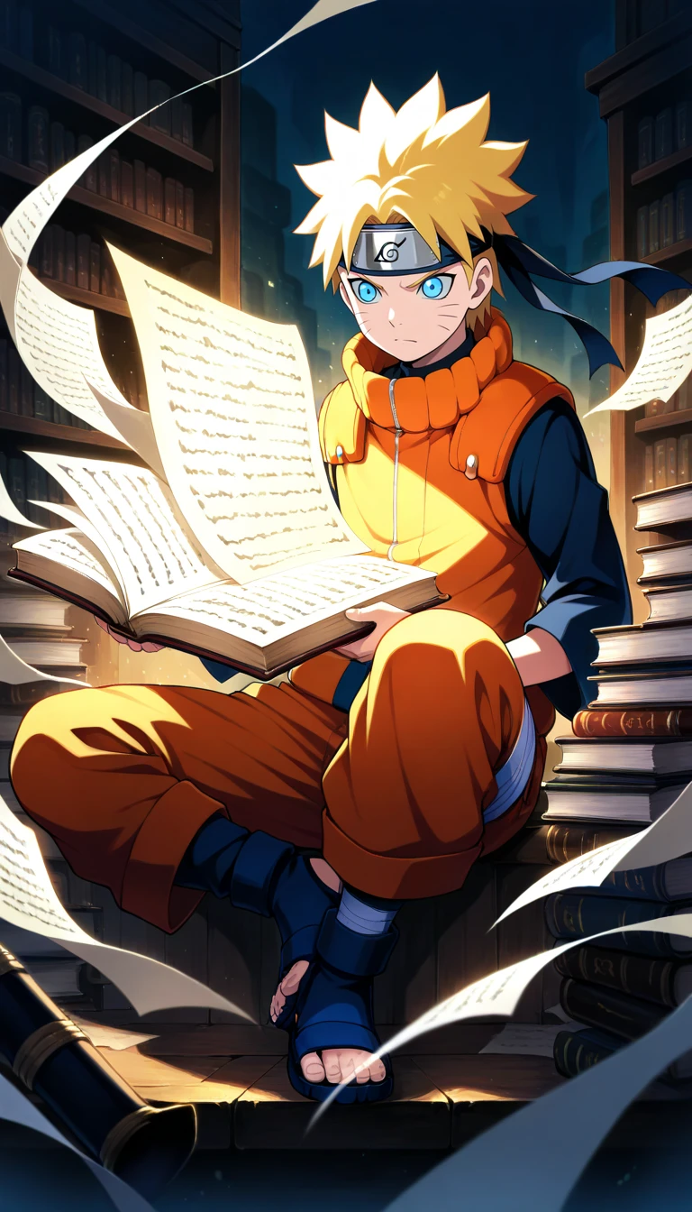 Anime wallpaper for prompt: Naruto in an ancient library, glowing scrolls levitating around him.