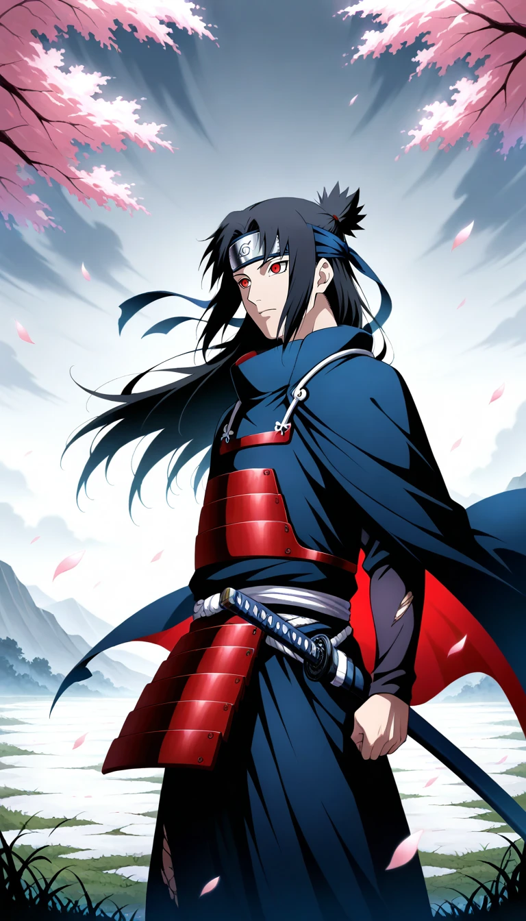 Anime wallpaper for prompt: Itachi as a samurai on a battlefield, cherry blossoms drifting.