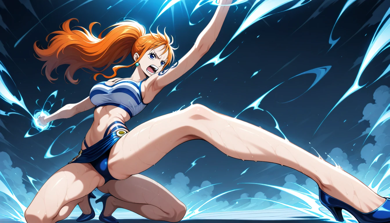 Anime wallpaper for prompt: Nami using weather techniques, lightning crackling from her Clima-Tact.