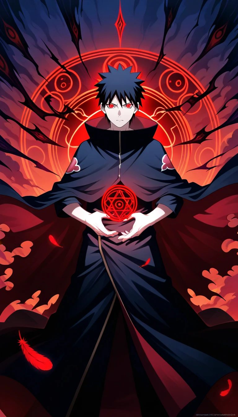 Anime wallpaper for prompt: Itachi summoning a spectral crow from a glowing vortex.