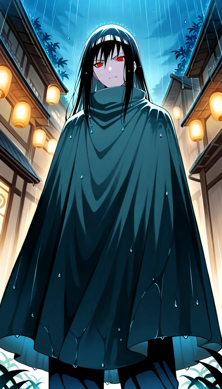 Anime wallpaper for prompt: Itachi in a rain-soaked Hidden Leaf, Akatsuki cloak trailing behind.