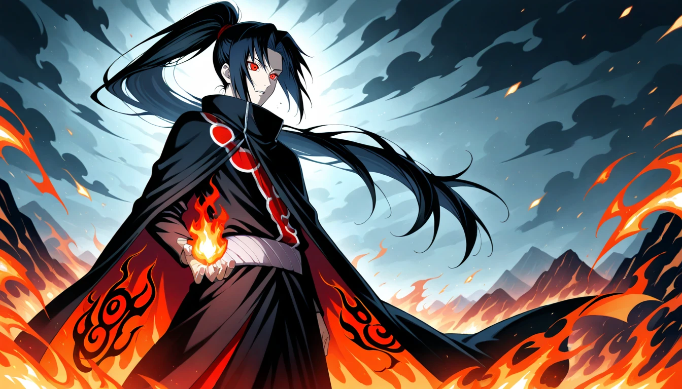 Anime wallpaper for prompt: Itachi in a volcanic field, black flames swirling around him.