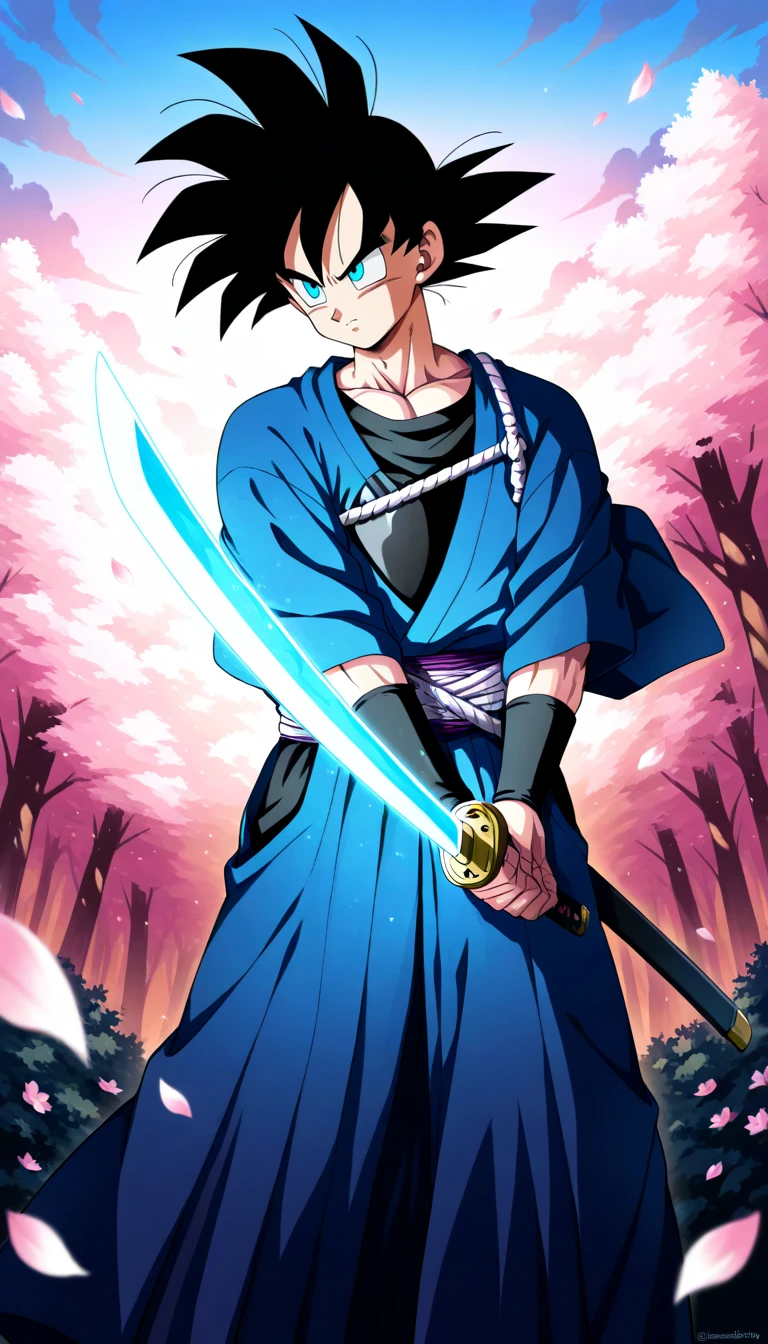 Anime wallpaper for prompt: Goku as a samurai, katana glowing in a cherry blossom forest.