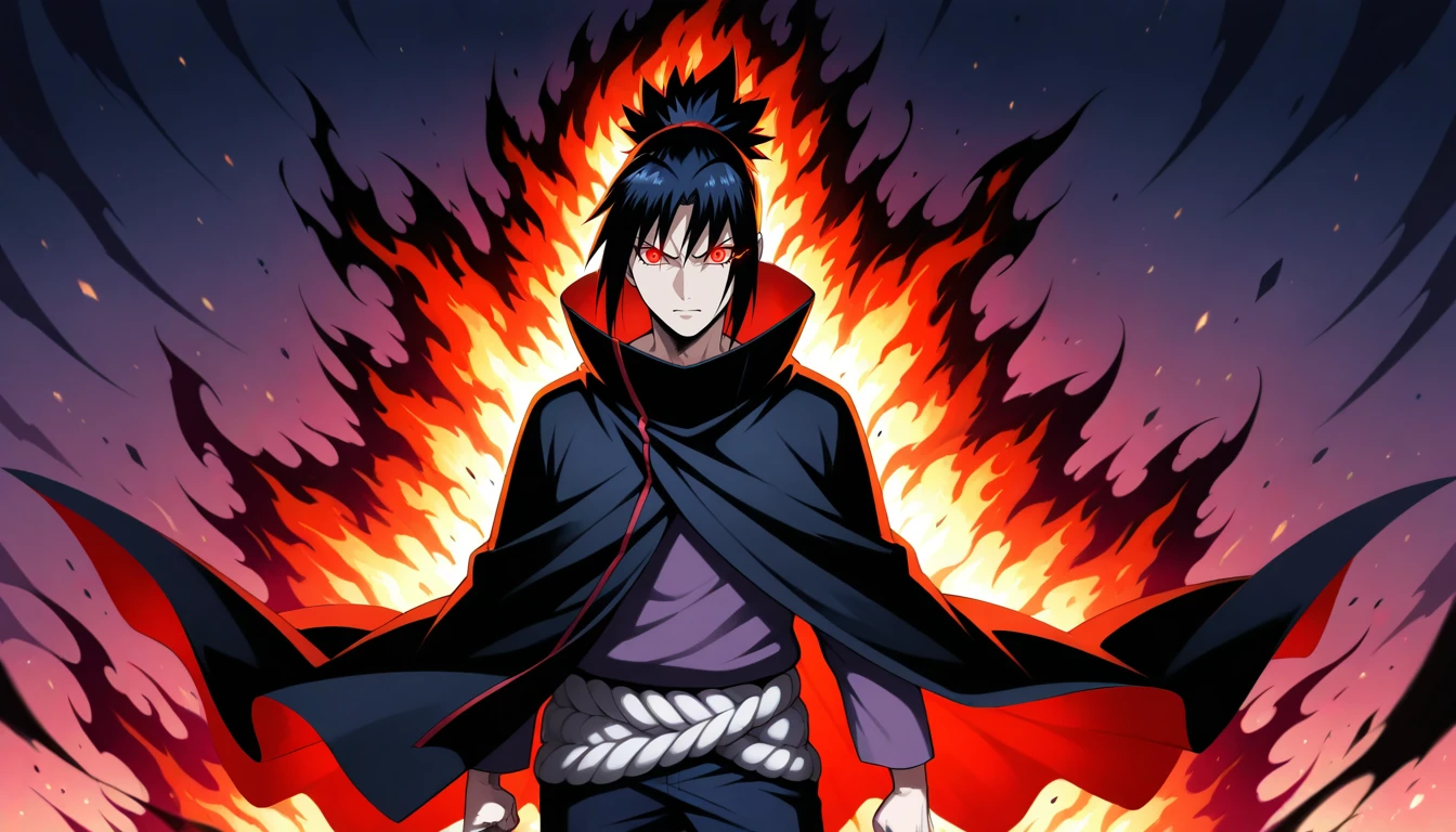Anime wallpaper for prompt: Itachi using Amaterasu, black flames erupting from his hands.