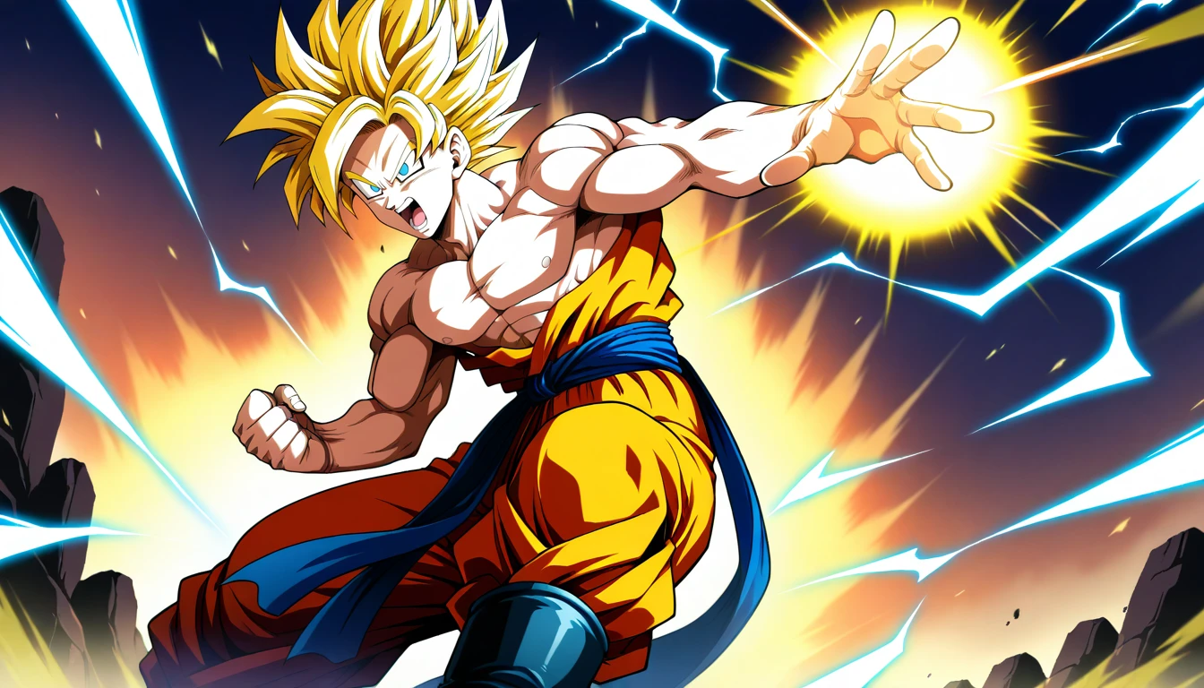 Anime wallpaper for prompt: Goku performing a Kamehameha with energy spiraling outward.