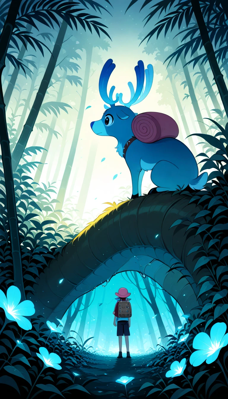 Anime wallpaper for prompt: Chopper in a jungle with glowing plants and chirping birds.