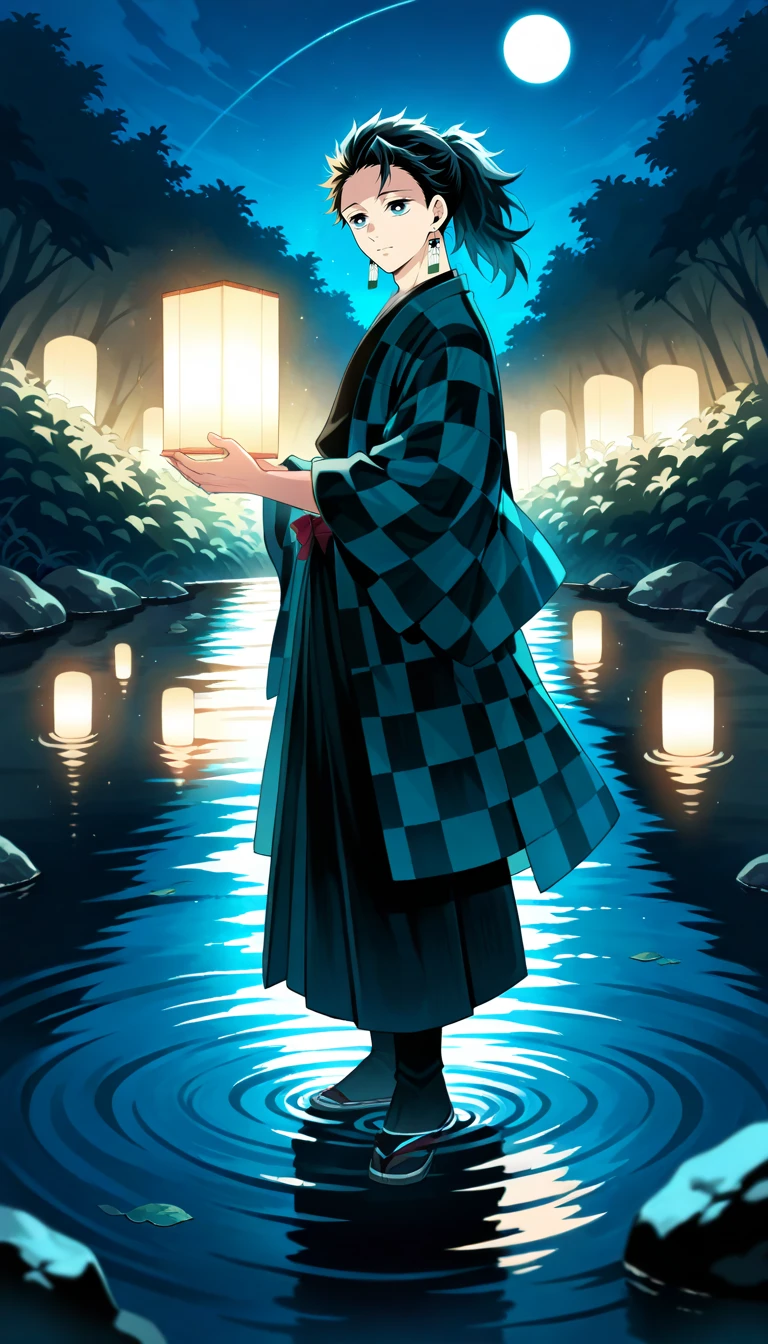 Anime wallpaper for prompt: Tanjiro by a glowing lake under moonlight.