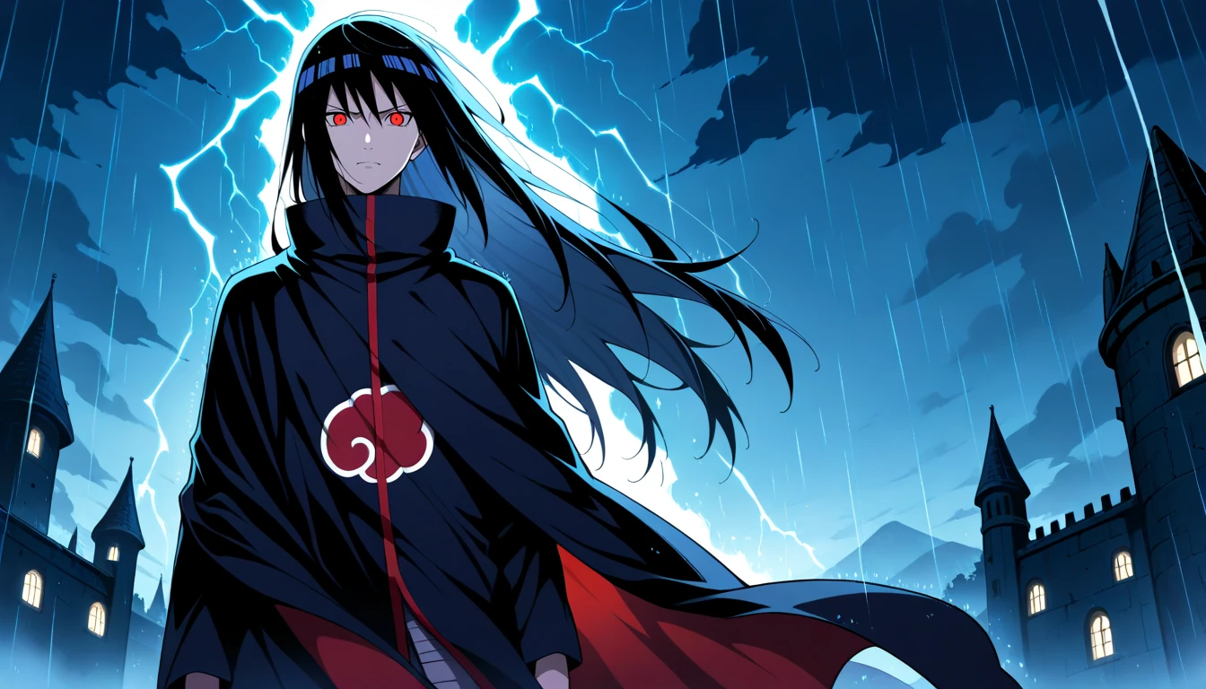 Anime wallpaper for prompt: Itachi atop a ruined castle, lightning illuminating the storm.