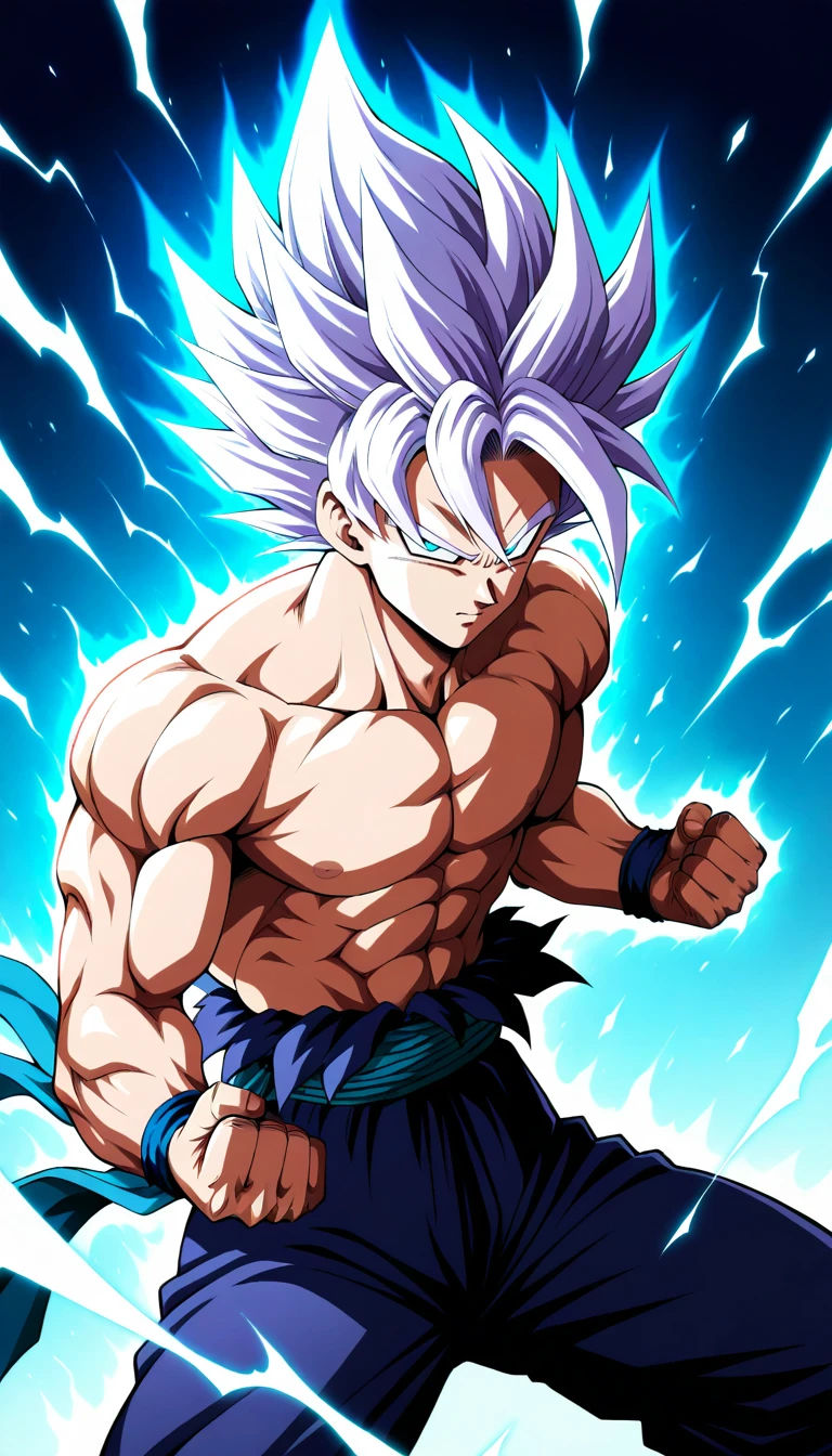 Anime wallpaper for prompt: Goku in Ultra Instinct form, aura radiating in a dark void.