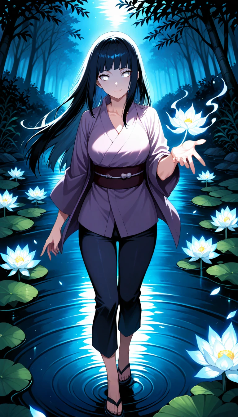 Anime wallpaper for prompt: Hinata touching a glowing lotus in a mystical lake, illuminated by its light.