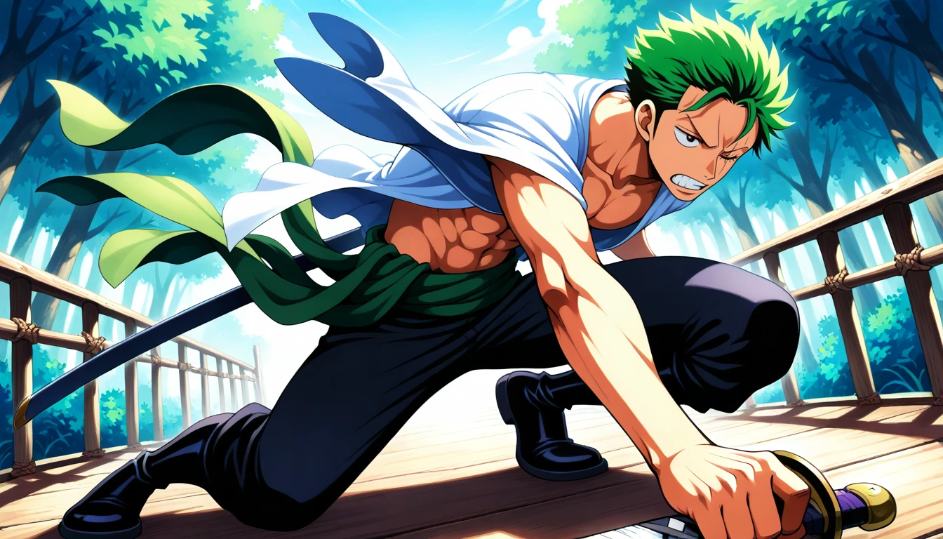 Anime wallpaper for prompt: Zoro crossing a rope bridge, confidently carrying three swords.