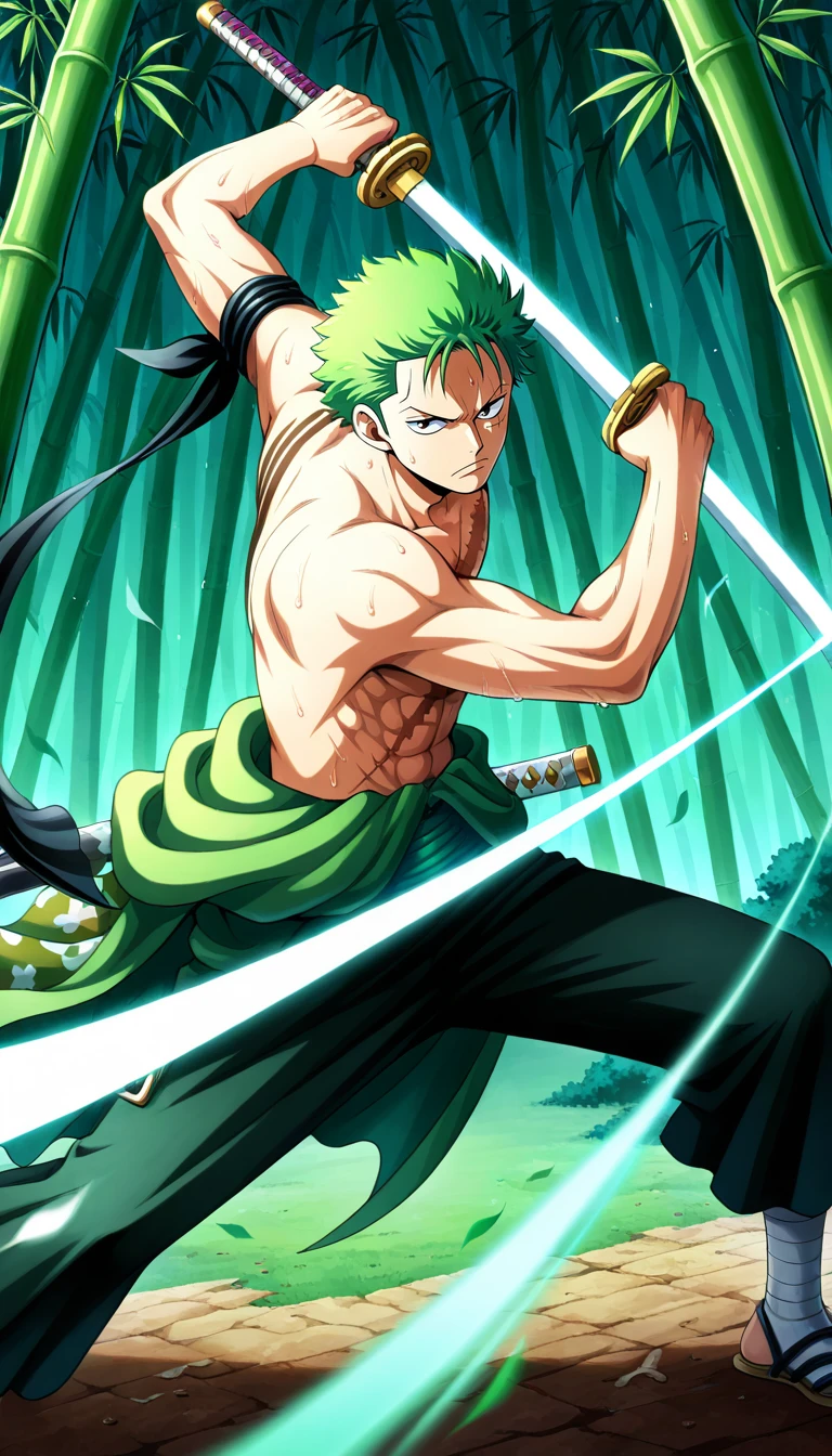Anime wallpaper for prompt: Zoro training in a bamboo forest, slashing stalks with precision.