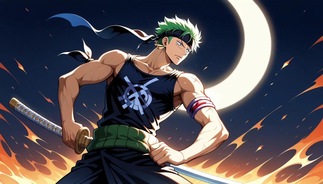 Anime wallpaper for prompt: Zoro under a crescent moon, holding his katana, shadows framing him.