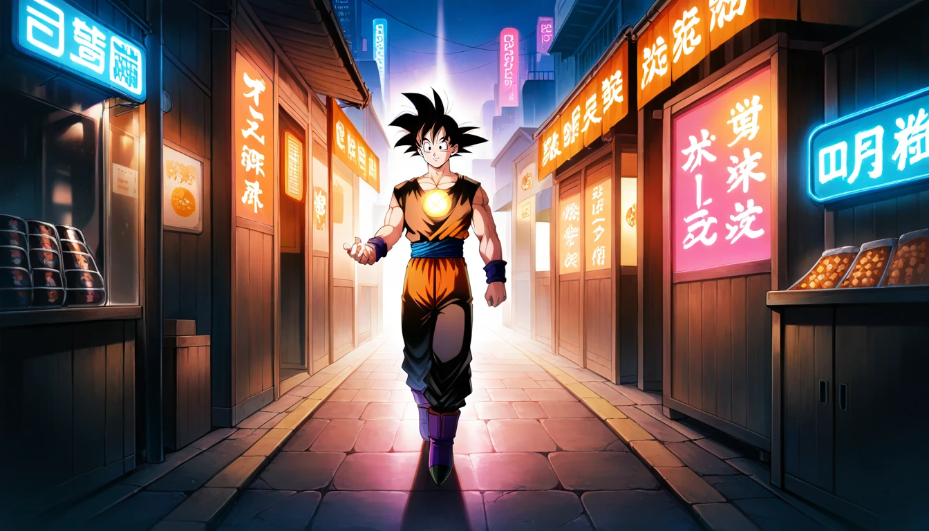 Anime wallpaper for prompt: Goku walking through a vibrant alien market under neon lights.