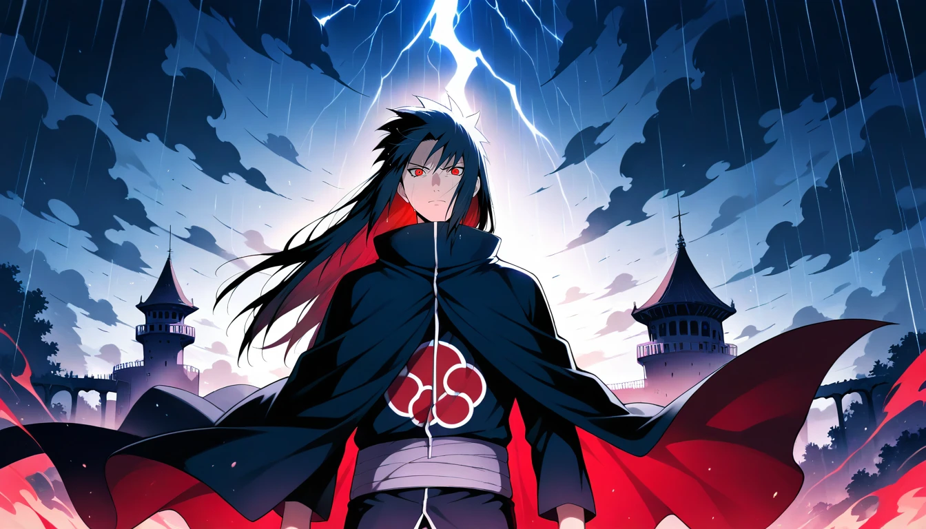Anime wallpaper for prompt: Itachi atop a ruined castle, lightning illuminating the storm.