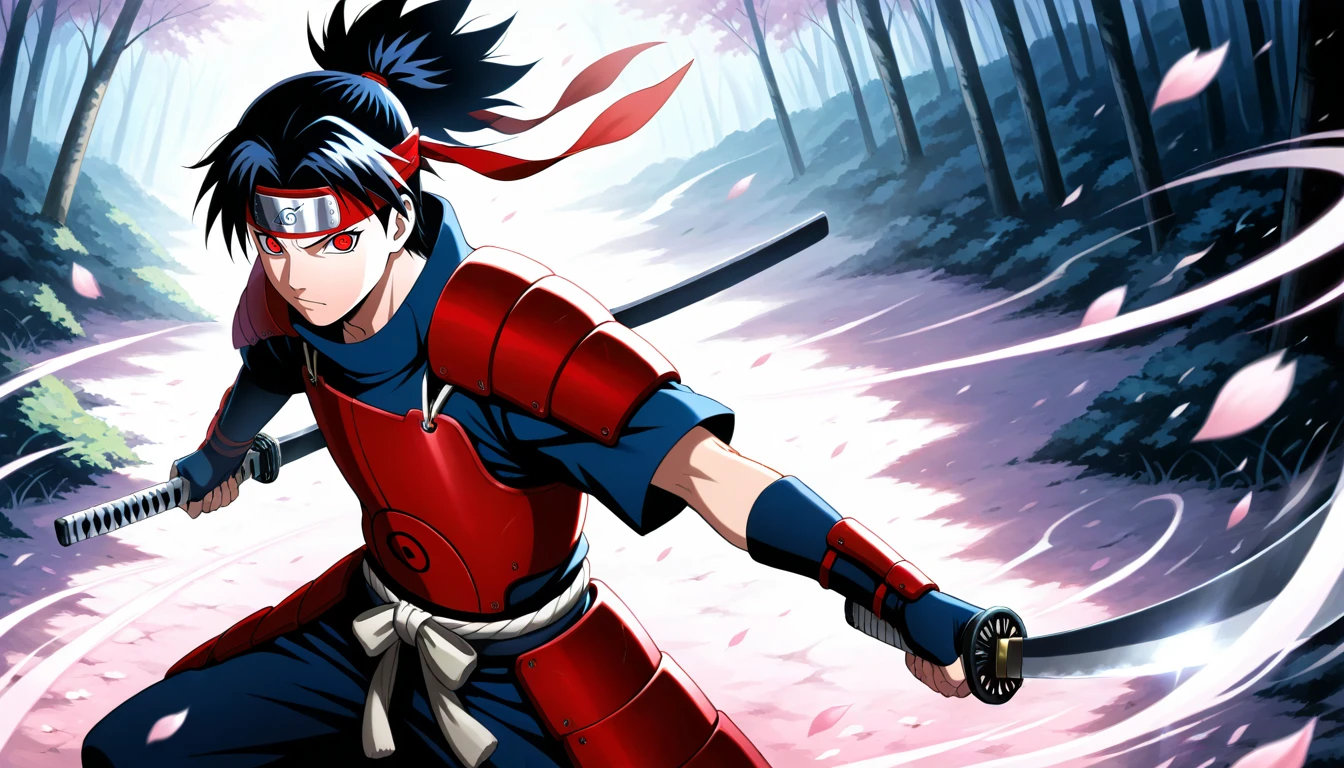 Anime wallpaper for prompt: Itachi as a samurai on a battlefield, cherry blossoms drifting.