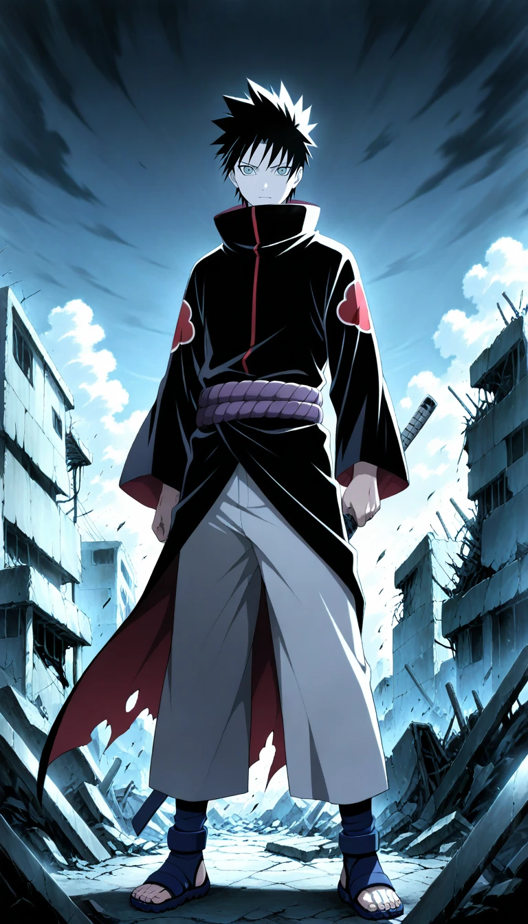 Anime wallpaper for prompt: Sasuke on the edge of a ruined Hidden Leaf, ash carried by the wind.