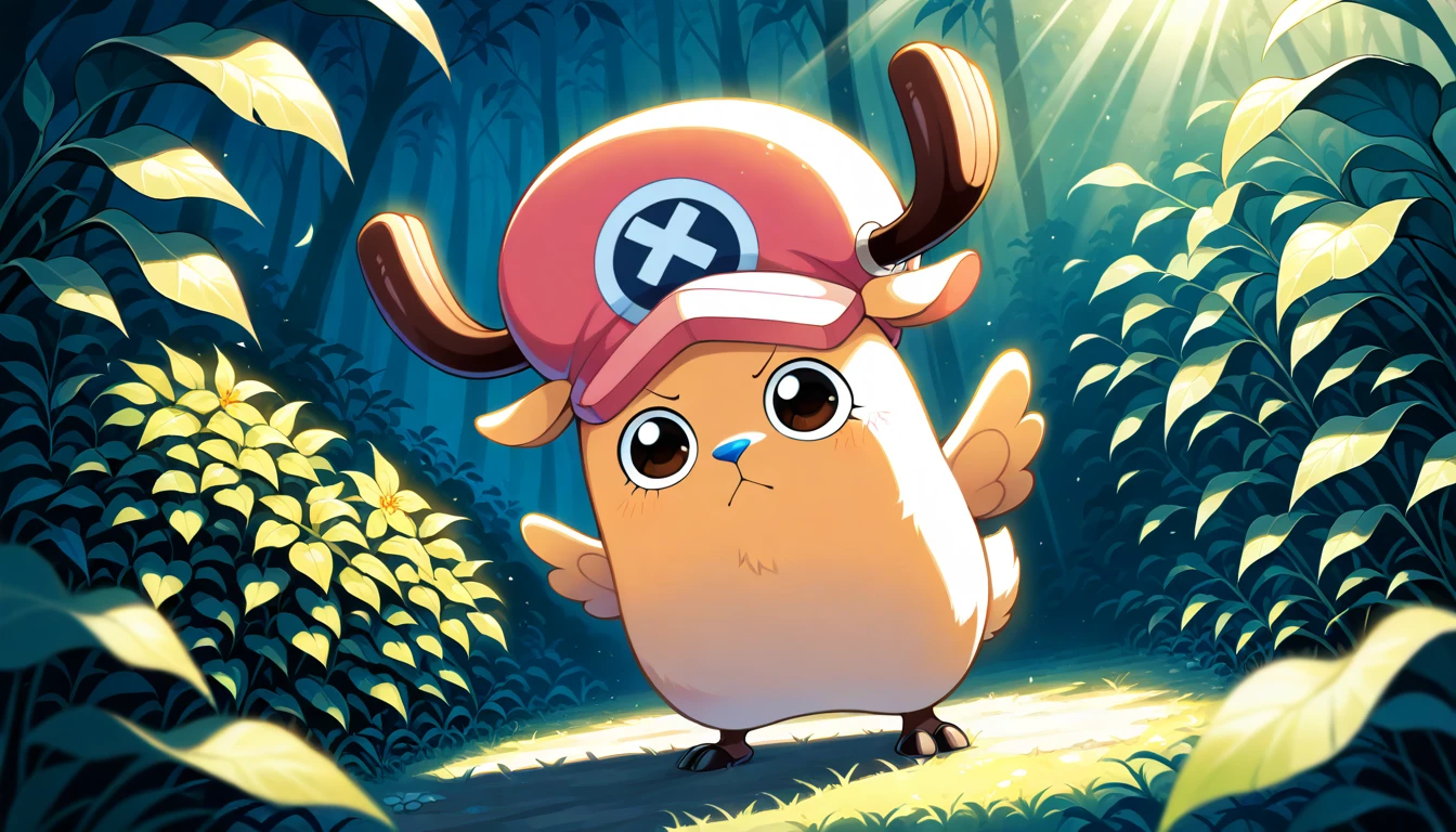 Anime wallpaper for prompt: Chopper in a jungle with glowing plants and chirping birds.