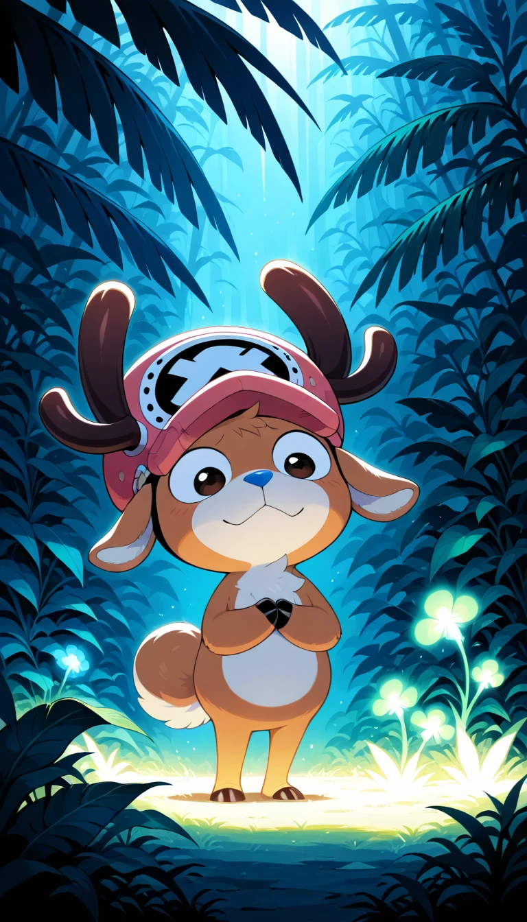 Anime wallpaper for prompt: Chopper in a jungle with glowing plants and chirping birds.