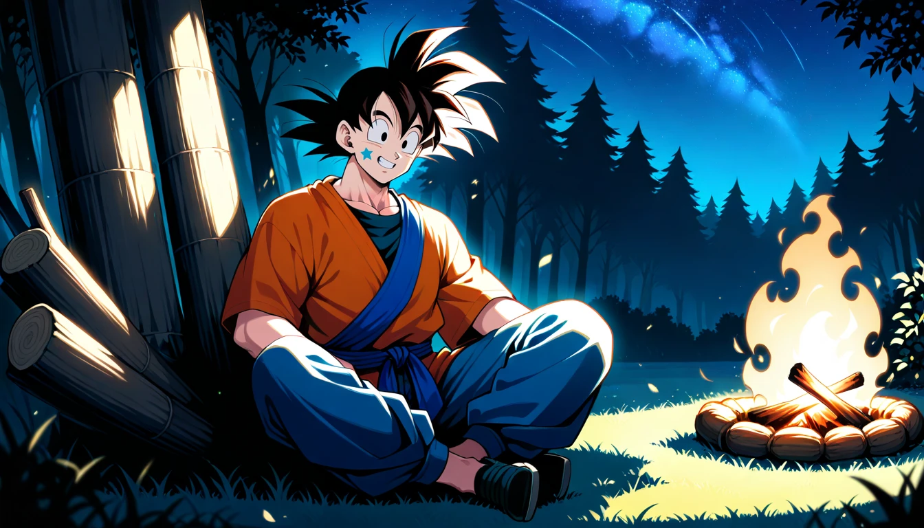 Anime wallpaper for prompt: Goku by a campfire, cheerful grin glowing in the warm light.
