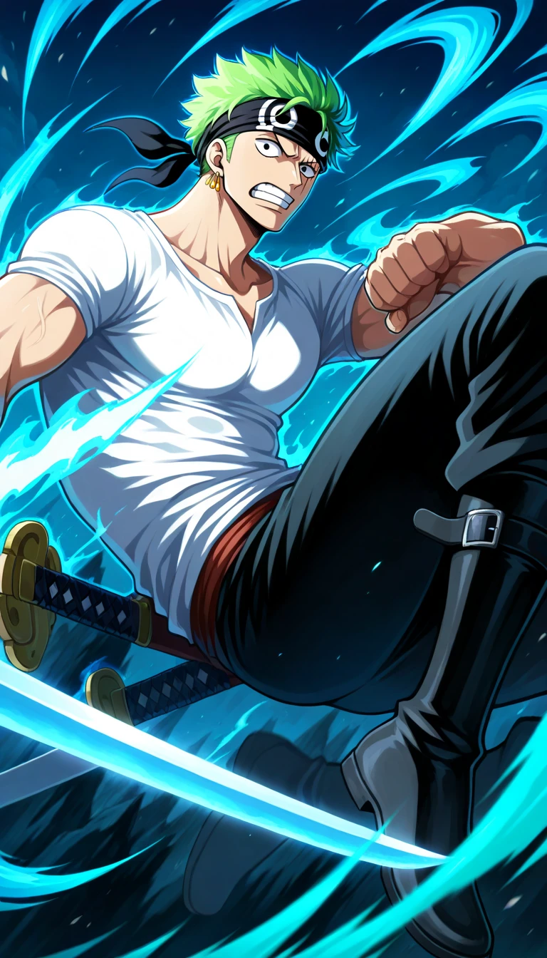 Anime wallpaper for prompt: Zoro mid-air, performing a glowing three-sword attack.