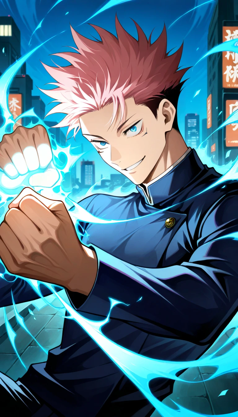 Anime wallpaper for prompt: Yuji smiling confidently, fists glowing as he faces a challenge.