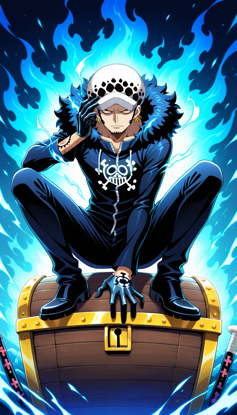 Anime wallpaper for prompt: Trafalgar Law sitting on a treasure chest, glowing medical tools floating in his Room.