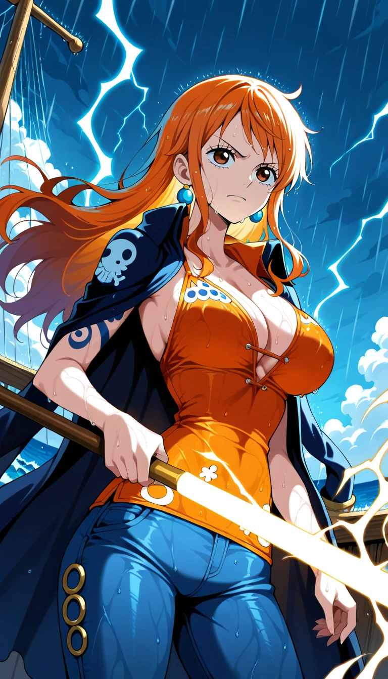 Anime wallpaper for prompt: Nami steering Thousand Sunny, Clima-Tact glowing as a storm brews.