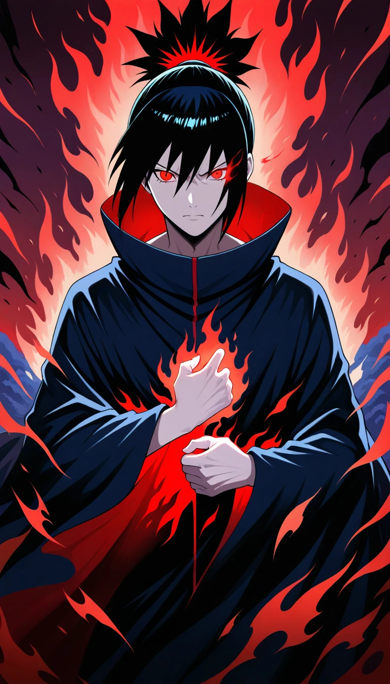 Anime wallpaper for prompt: Itachi using Amaterasu, black flames erupting from his hands.
