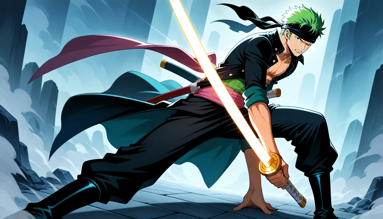 Anime wallpaper for prompt: Zoro alone in a misty valley, katana faintly glowing in the fog.