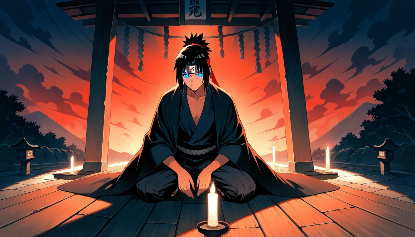 Anime wallpaper for prompt: Itachi kneeling in a Zen garden, glowing candles lighting the shrine.