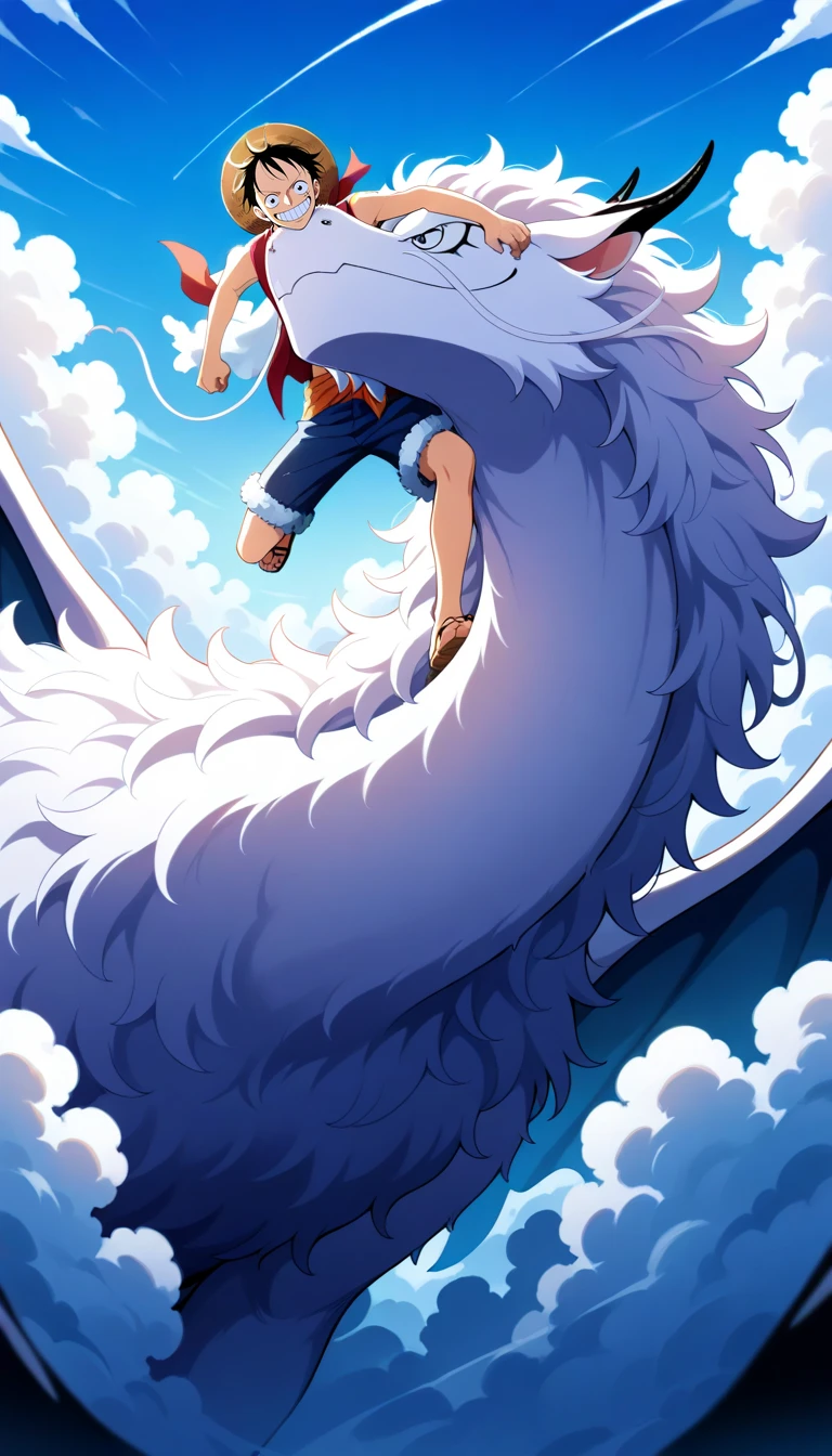 Anime wallpaper for prompt: Luffy riding a dragon through the clouds, hat tied tightly.