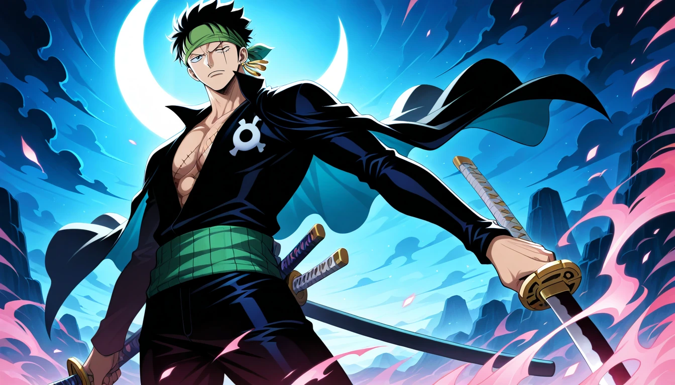 Anime wallpaper for prompt: Zoro under a crescent moon, holding his katana, shadows framing him.