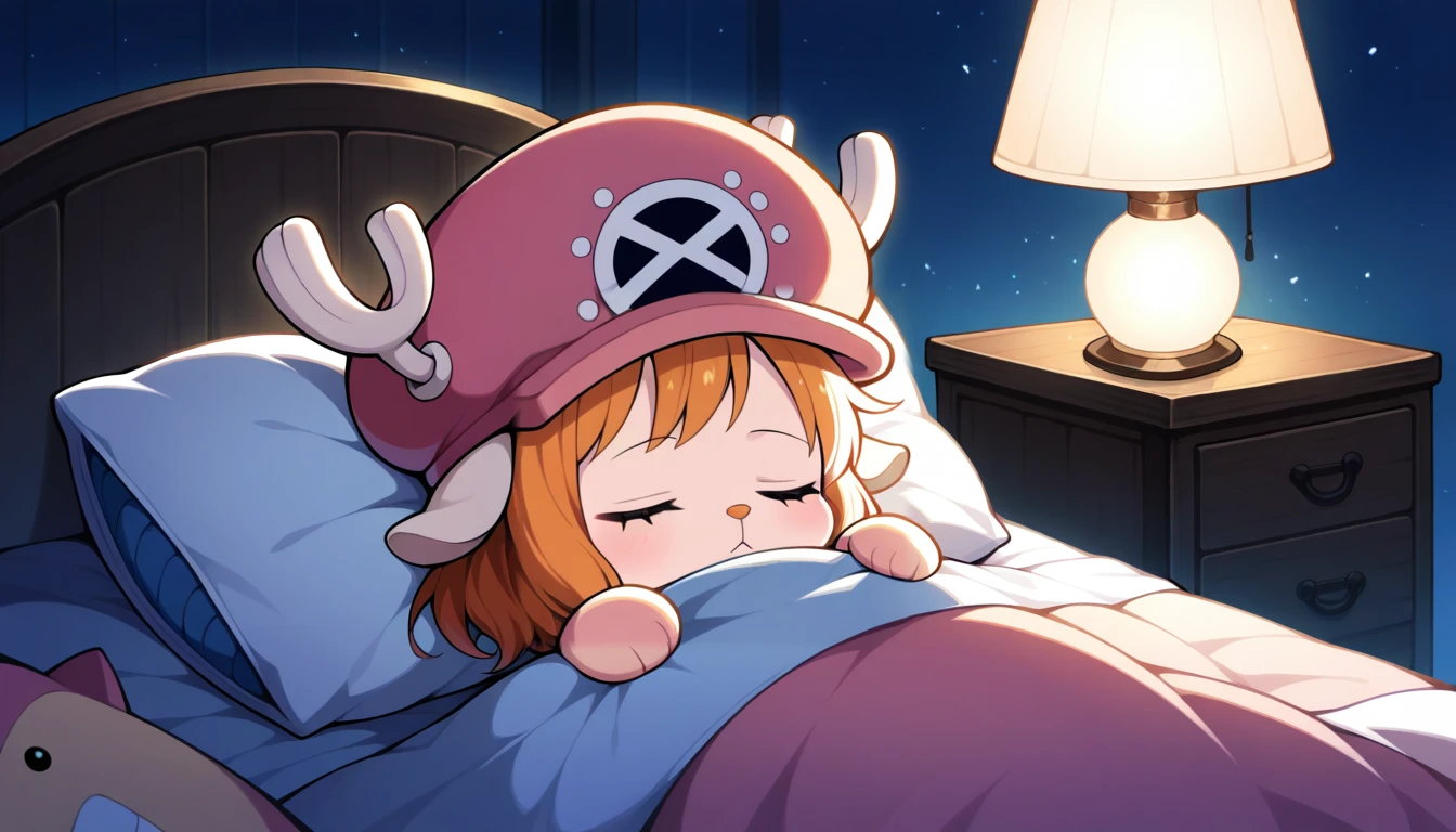 Anime wallpaper for prompt: Chibi Chopper sleeping in blankets, glowing lamp beside him.