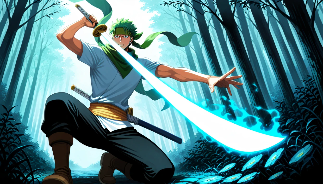 Anime wallpaper for prompt: Zoro alone in a misty valley, katana faintly glowing in the fog.
