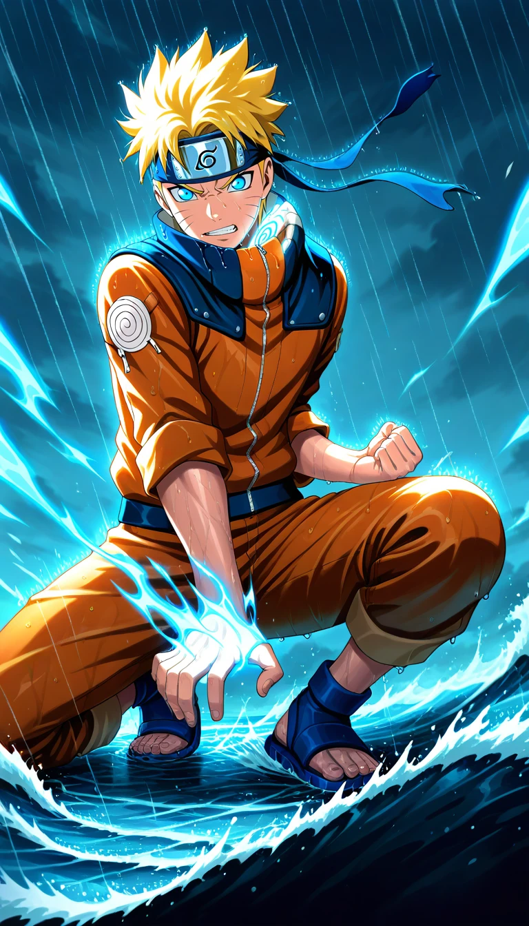 Anime wallpaper for prompt: Naruto atop a wave, performing water-style jutsu in a storm.