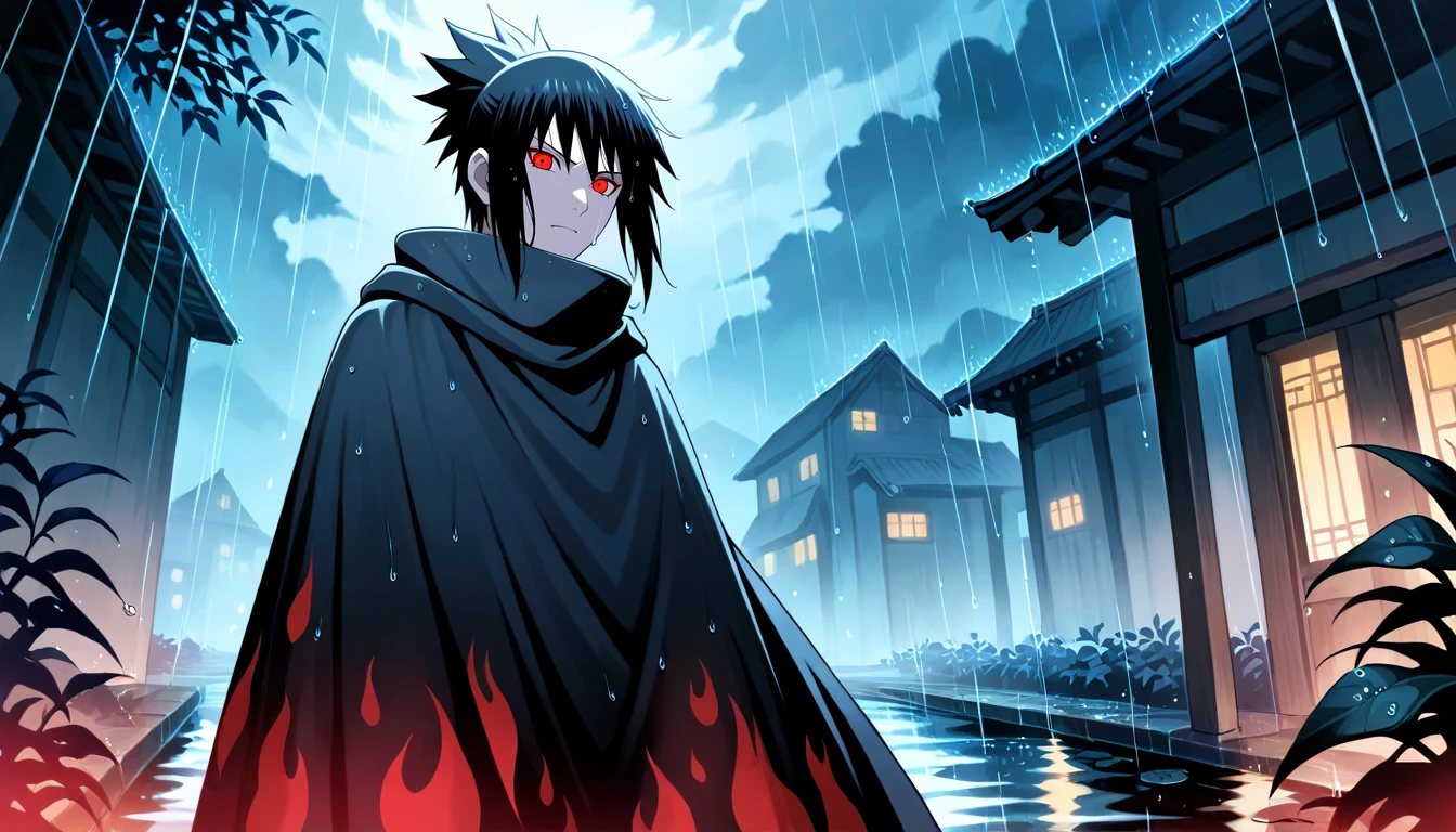 Anime wallpaper for prompt: Itachi in a rain-soaked Hidden Leaf, Akatsuki cloak trailing behind.