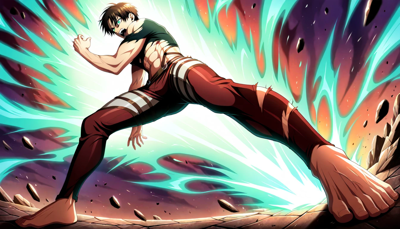 Anime wallpaper for prompt: Eren transforming into his Attack Titan form with glowing energy.