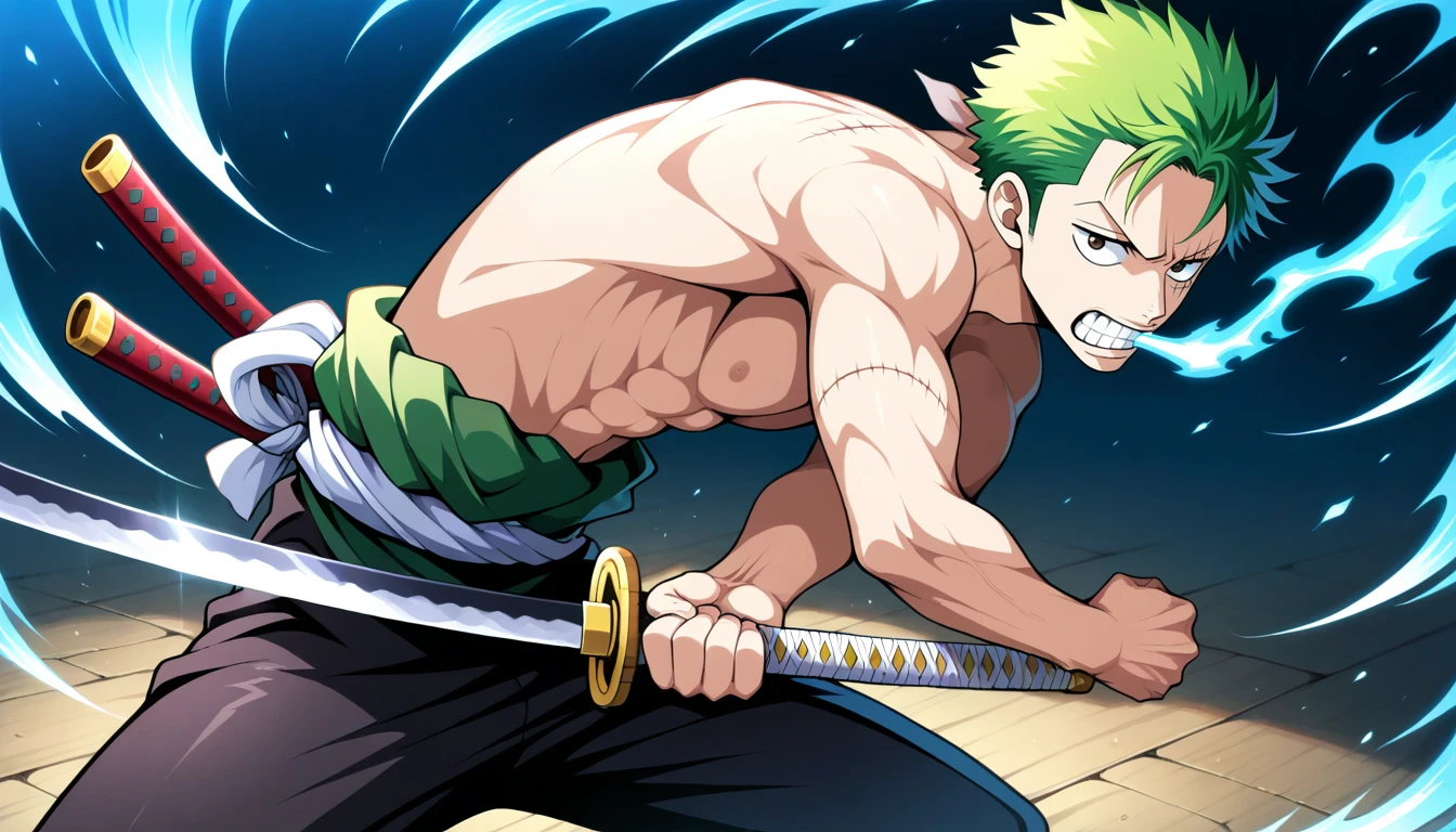 Anime wallpaper for prompt: Zoro gripping a katana with his teeth, eyes locked on an unseen enemy.