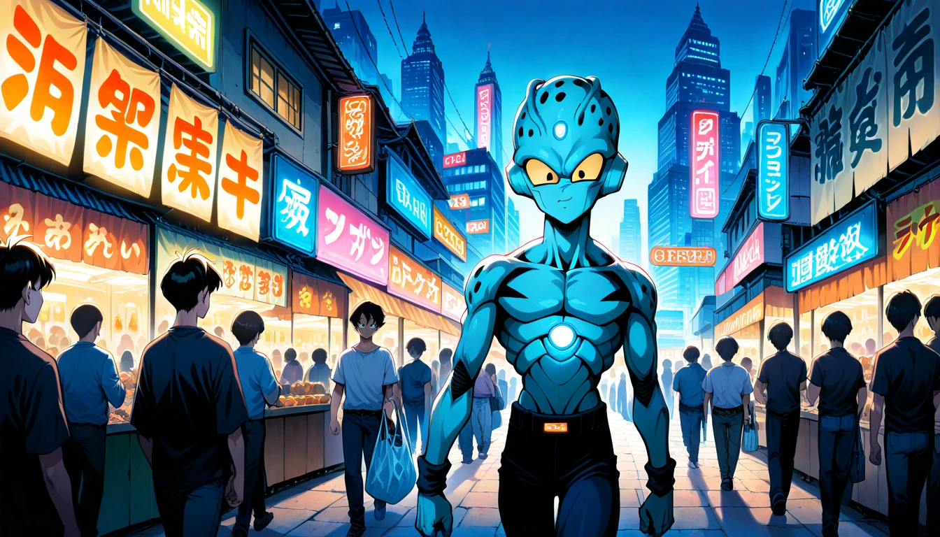 Anime wallpaper for prompt: Goku walking through a vibrant alien market under neon lights.